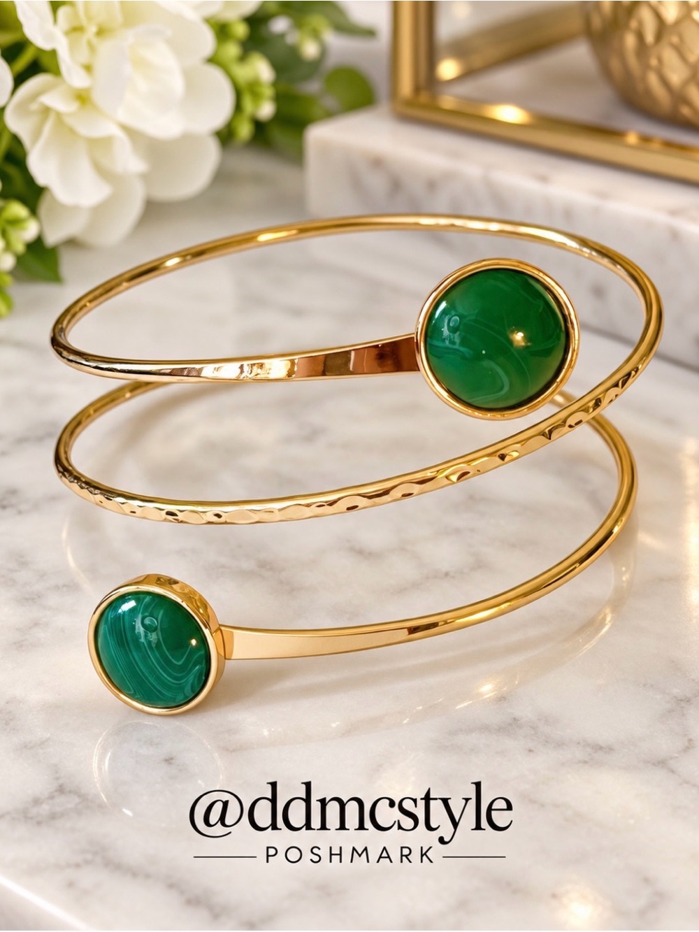 18k Gold Spiral Arm Cuff Bracelet with Malachite Green Stone Accents